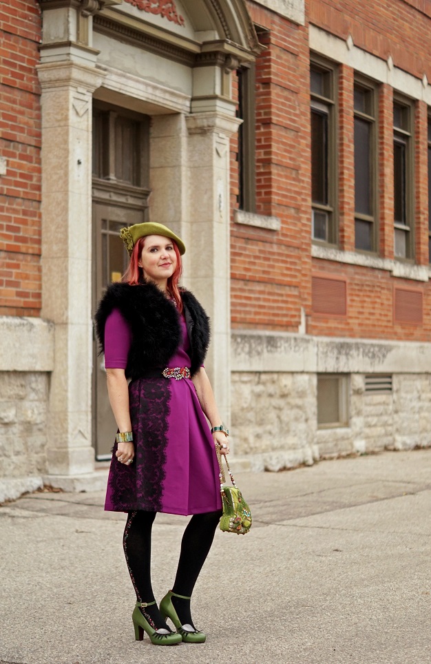 Winnipeg Style, winter 2015, Tabbisocks Floral Vine textured tights, Gabby Skye lace fit and flare purple dress, Mary Frances Leap pad frog beaded handbag clutch, Jessica feather shrug, BCBG Max Azria crystal belt, San Diego hat co green wool beret, Chie Mihara Geraldine green eye eyelash leather ankle strap shoes